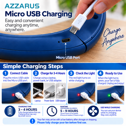 Blue AZZARUS Classic Neck Fan charging with USB cable