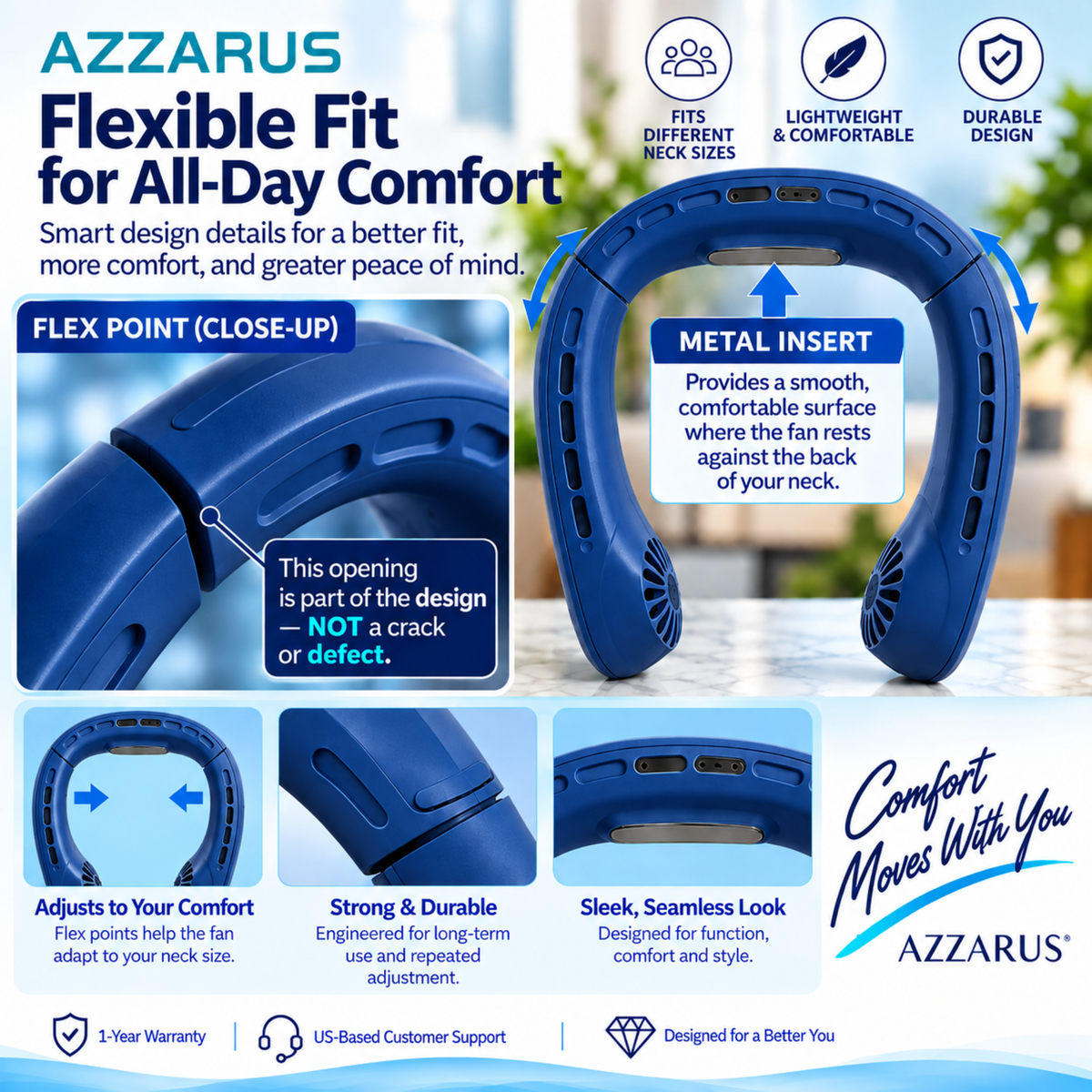 Blue AZZARUS Classic Neck Fan flexible, adjustable fit