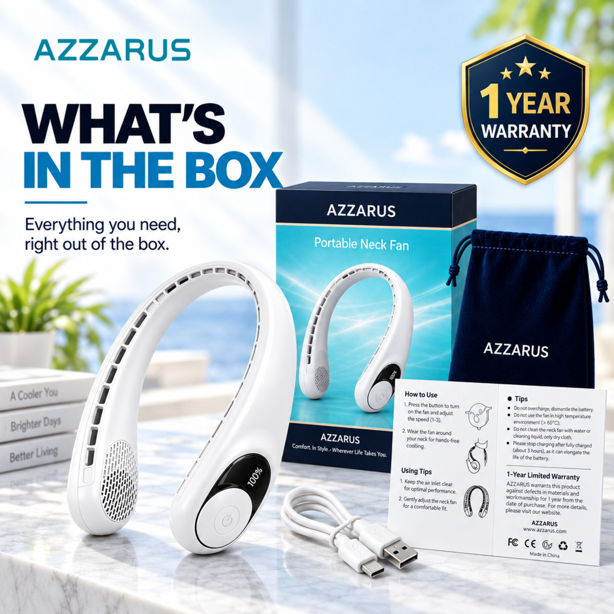 White AZZARUS Digital Neck Fan – what's in the box