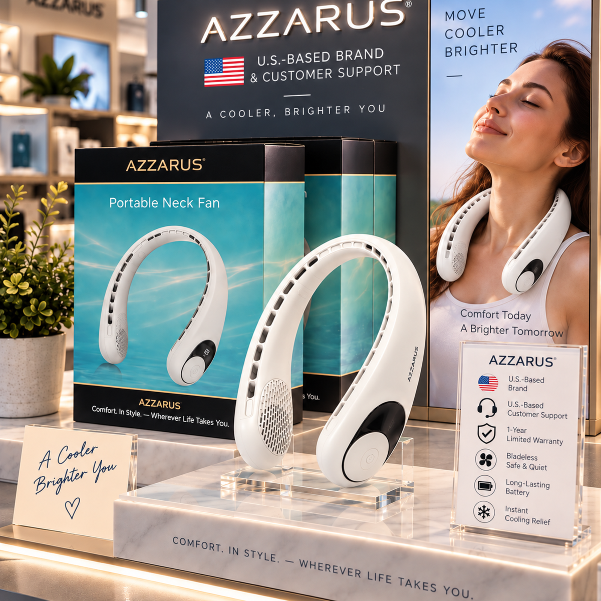 White AZZARUS Digital Neck Fan – retail packaging display