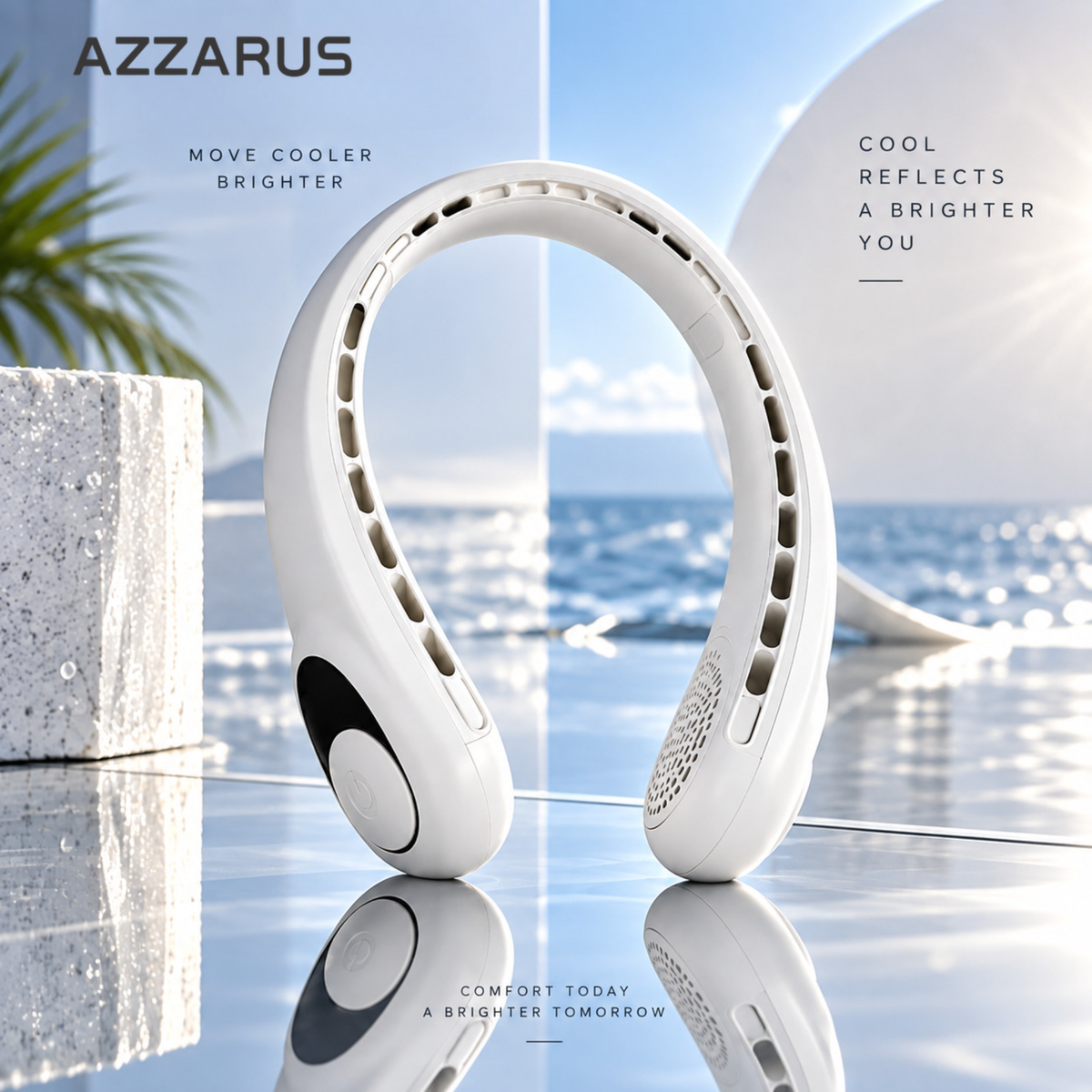 White AZZARUS Digital Neck Fan – close-up detail