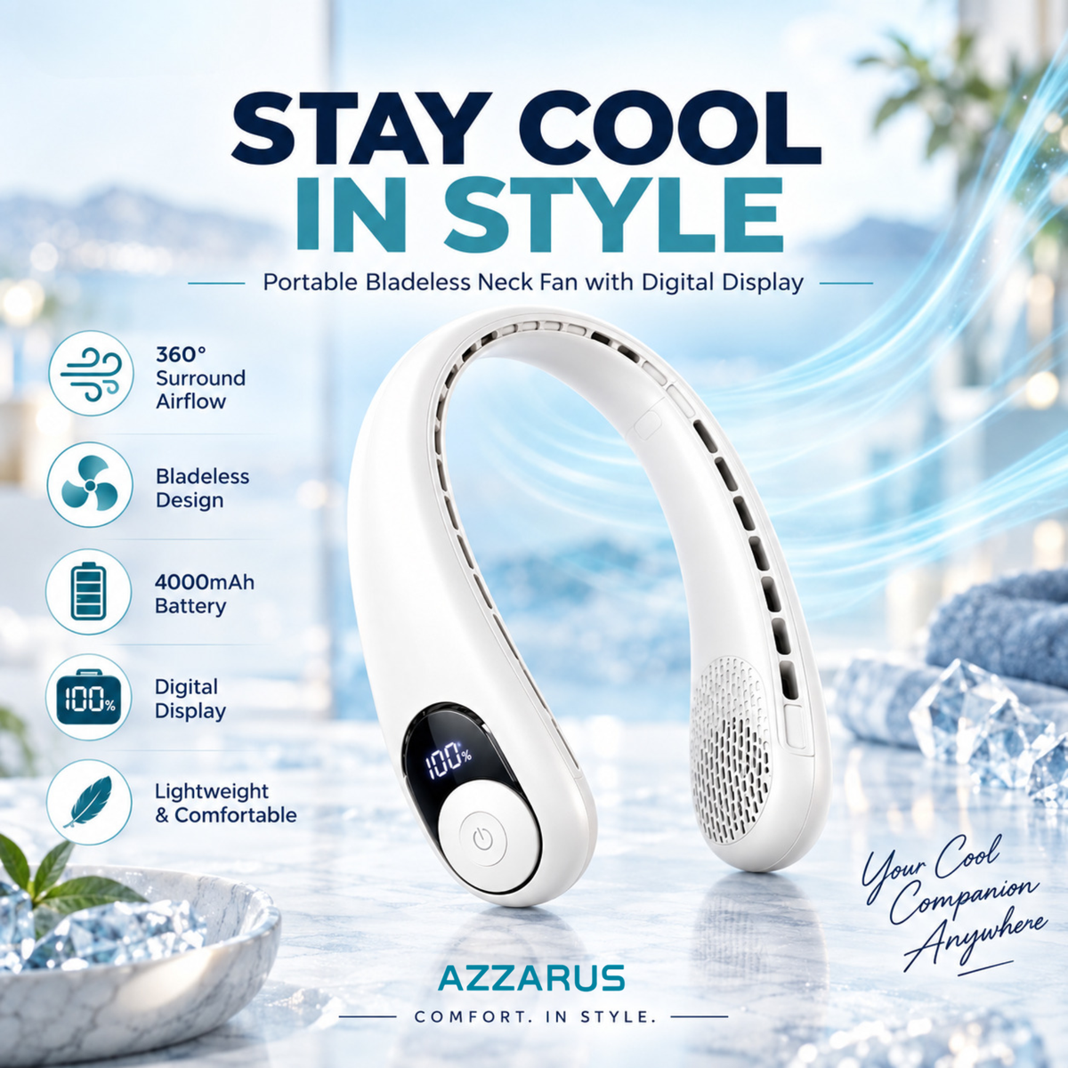 White AZZARUS Digital Neck Fan – product overview