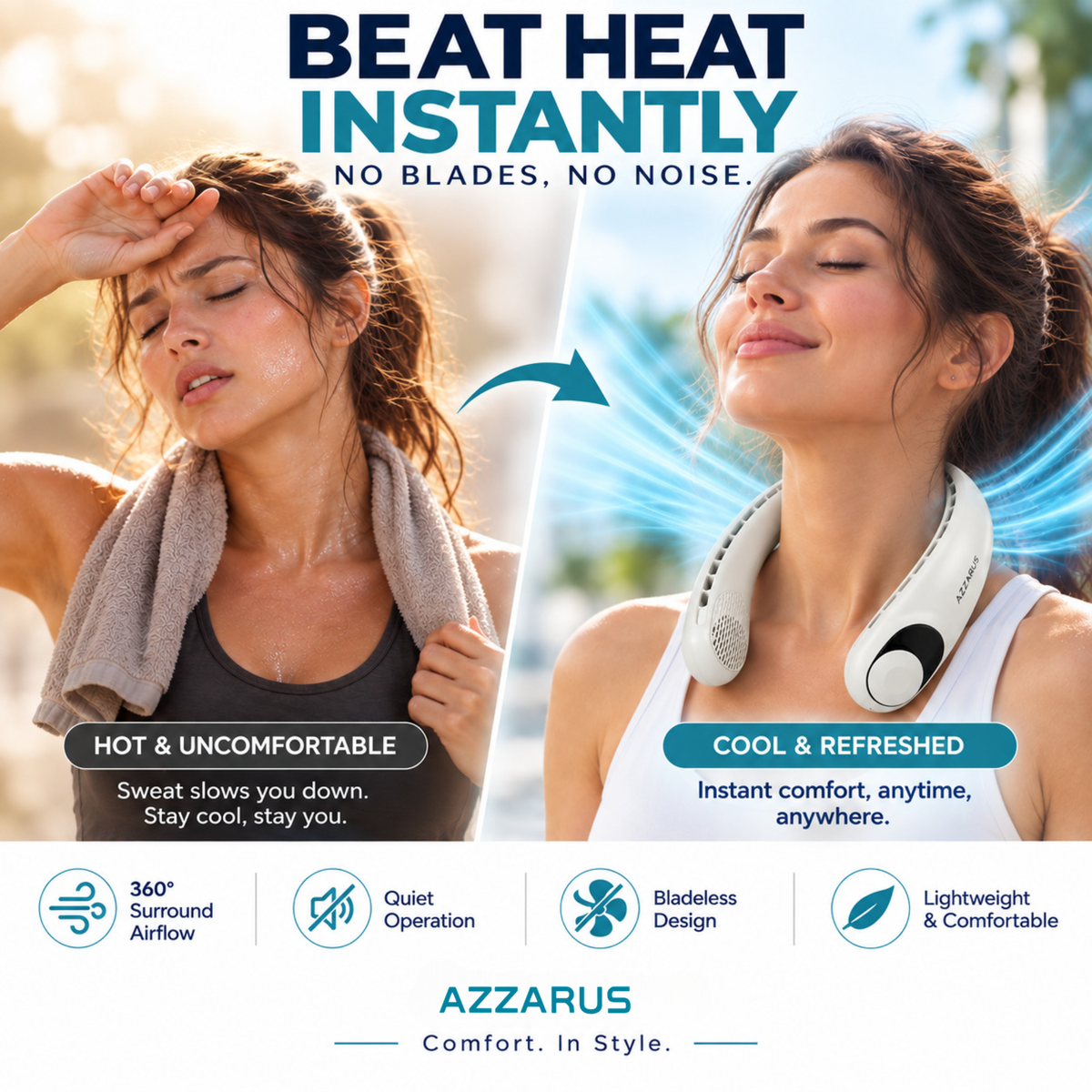 White AZZARUS Digital Neck Fan – instant cooling on hot days