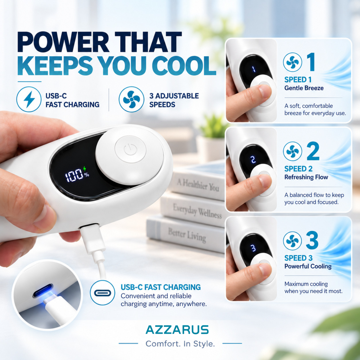 White AZZARUS Digital Neck Fan – 3 airflow speeds