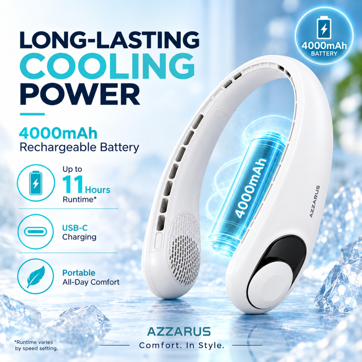 White AZZARUS Digital Neck Fan – 4000mAh rechargeable battery
