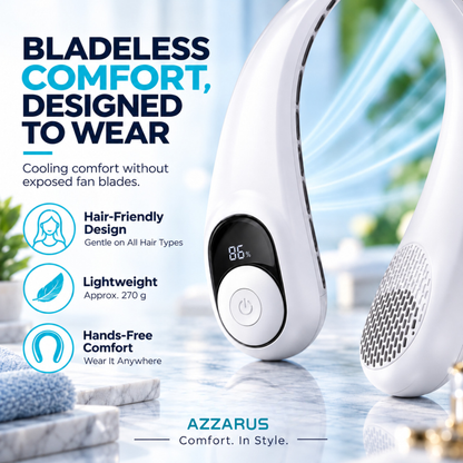 White AZZARUS Digital Neck Fan – bladeless, hair-safe design