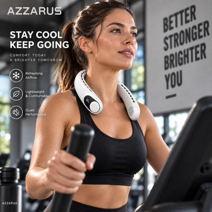 White AZZARUS Digital Neck Fan – lifestyle image outdoors