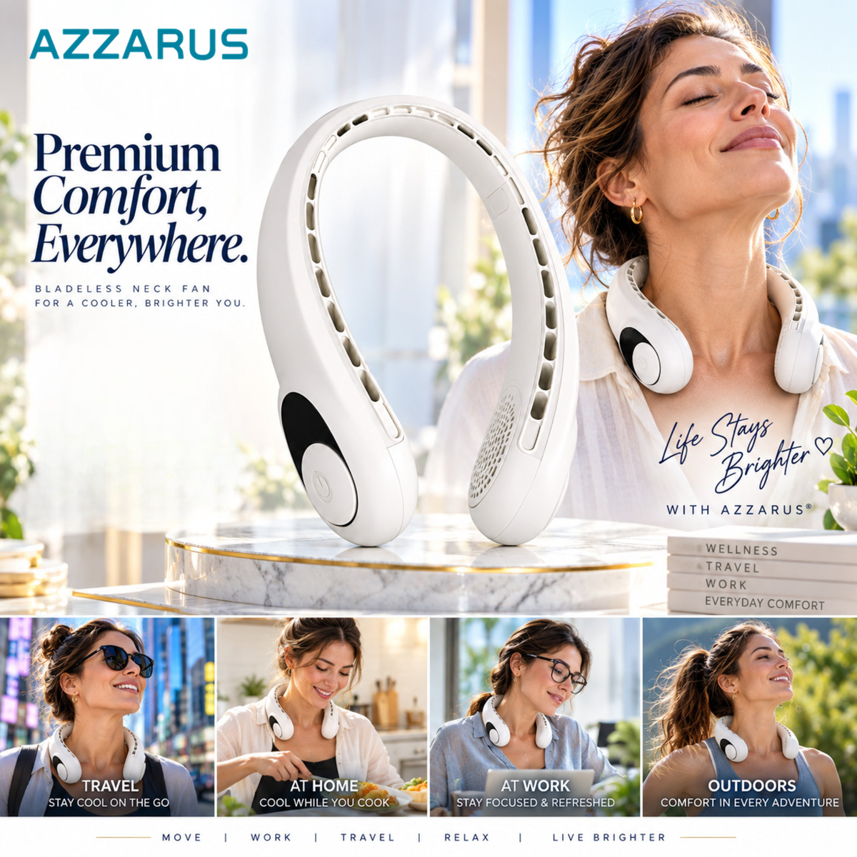 White AZZARUS Digital Neck Fan – lifestyle image