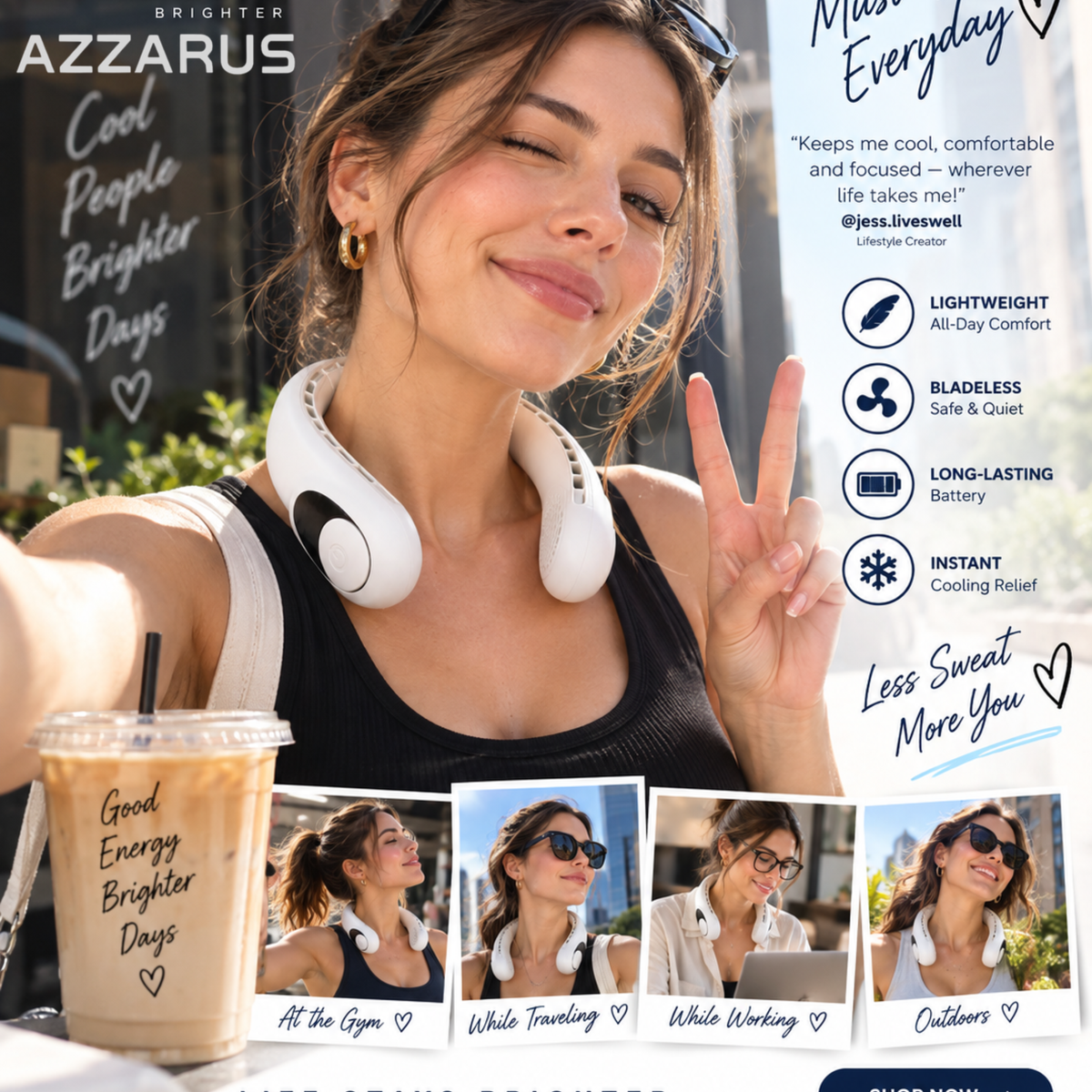 White AZZARUS Digital Neck Fan – summer essential lifestyle image