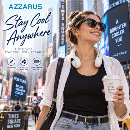White AZZARUS Digital Neck Fan – worn in New York City