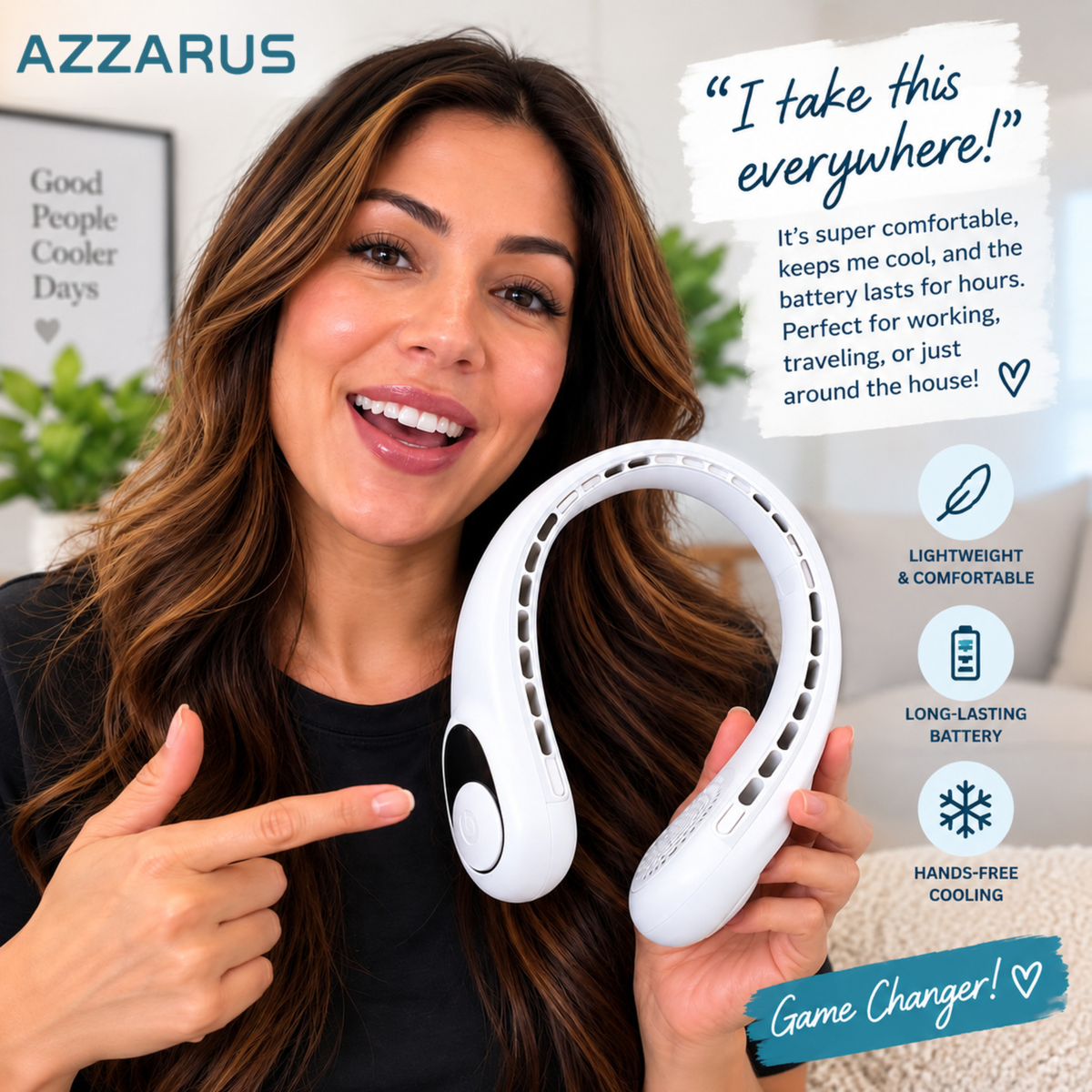 AZZARUS Digital Neck Fan with Battery Display – Rechargeable Bladeless Wearable Fan, 4000mAh Battery, USB-C Charging, 3 Speeds
