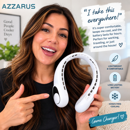 AZZARUS Digital Neck Fan with Battery Display – Rechargeable Bladeless Wearable Fan, 4000mAh Battery, USB-C Charging, 3 Speeds