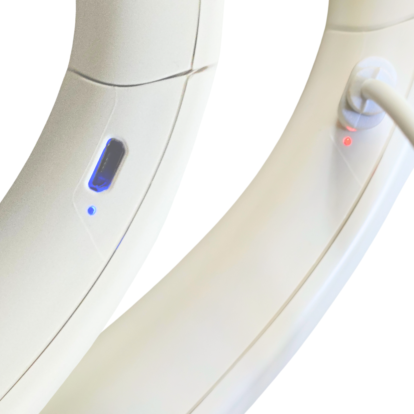 Close-up of AZZARUS rechargeable bladeless neck fan showing charging port with red LED while charging and green light when fully charged