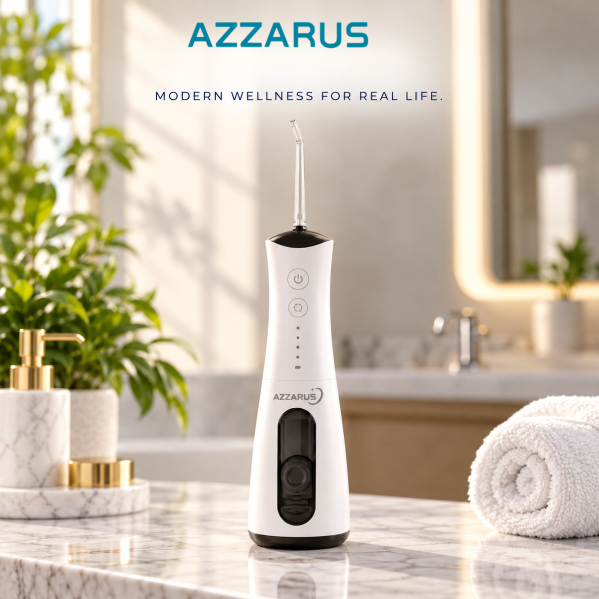AZZARUS Water Flosser in a bathroom lifestyle setting