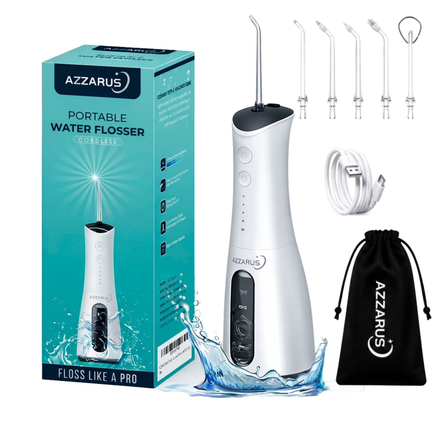 AZZARUS Water Flosser for Braces & Sensitive Gums – Gentle Cordless 300ml