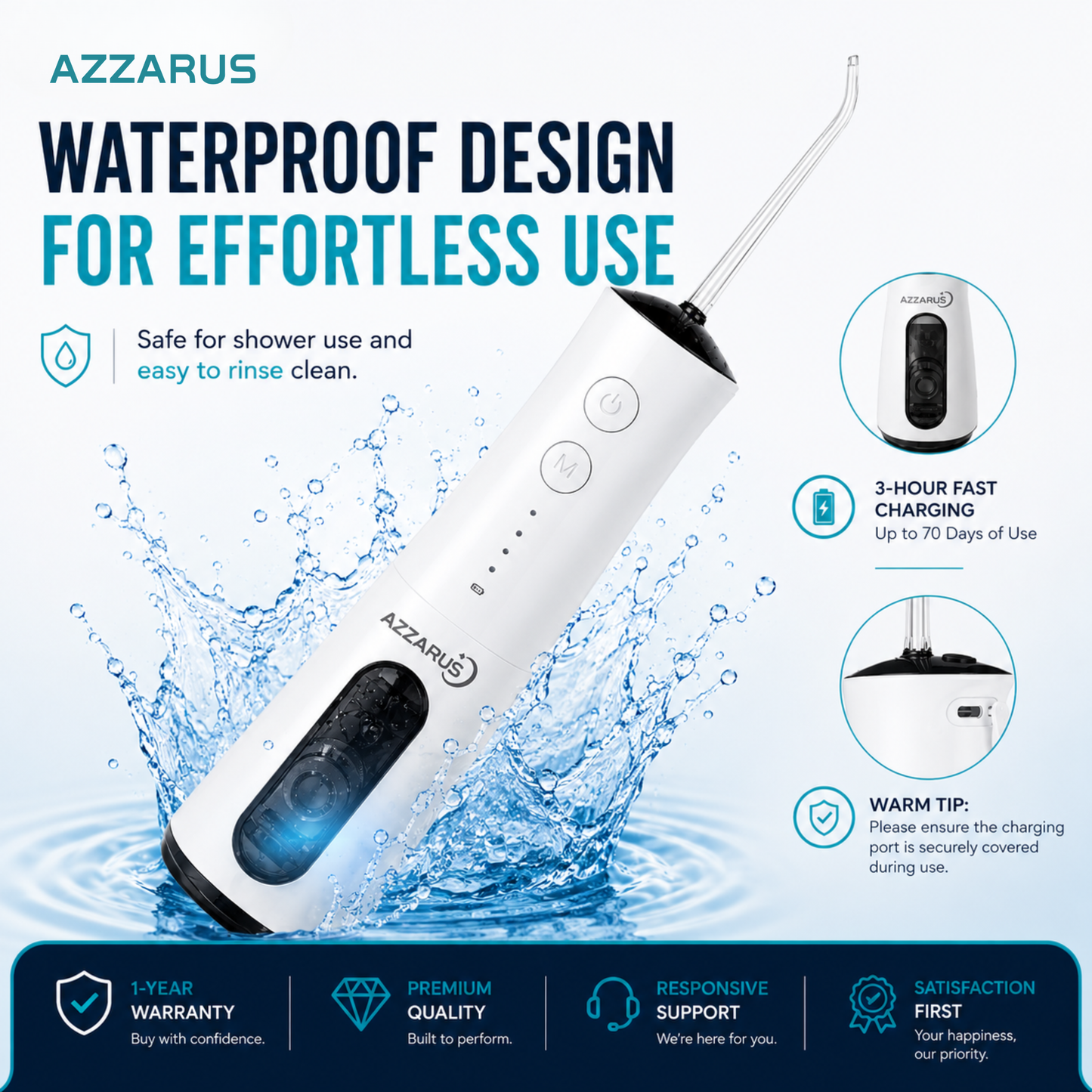 AZZARUS Portable Water Flosser – Cordless Rechargeable Oral Irrigator, 300ml