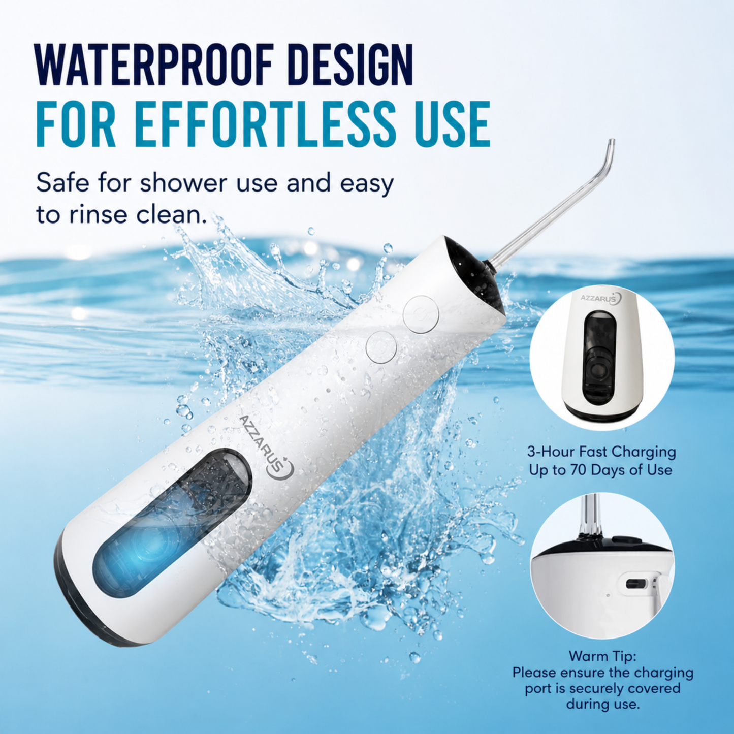 AZZARUS Water Flosser for Braces & Sensitive Gums – Gentle Cordless 300ml