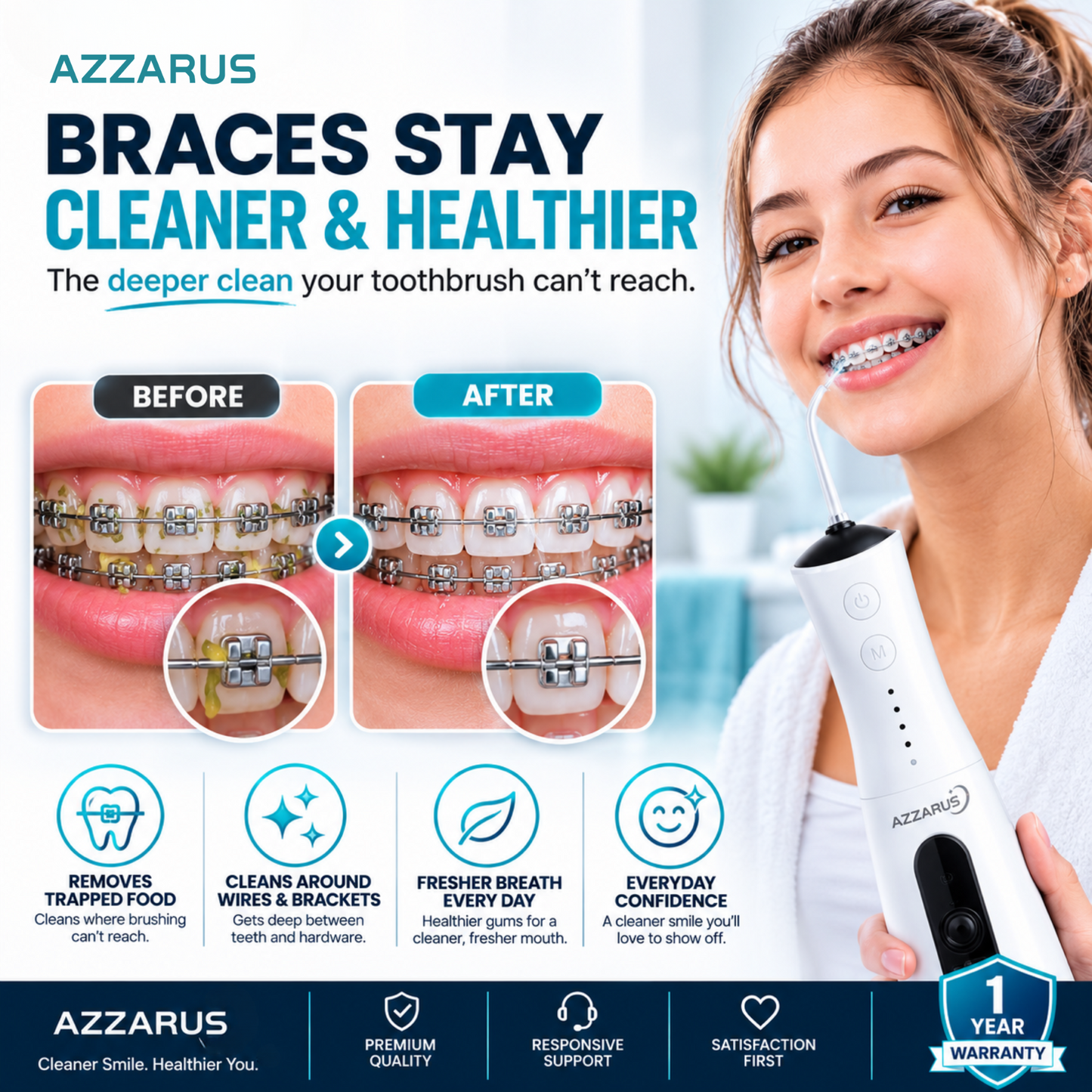 AZZARUS Portable Water Flosser – Cordless Rechargeable Oral Irrigator, 300ml