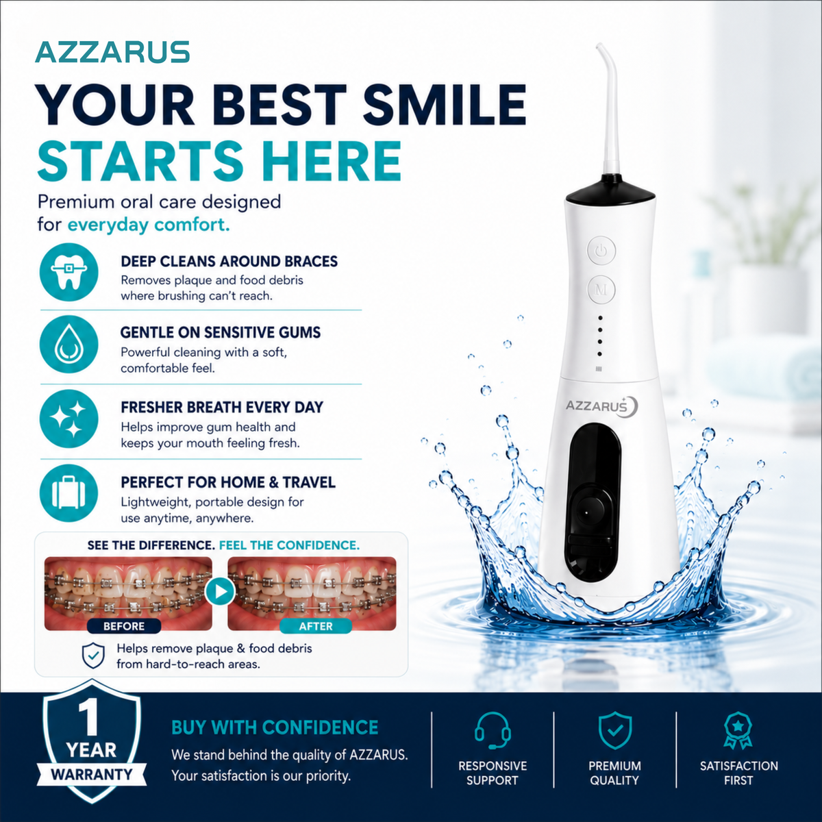 AZZARUS Portable Water Flosser – Cordless Rechargeable Oral Irrigator, 300ml