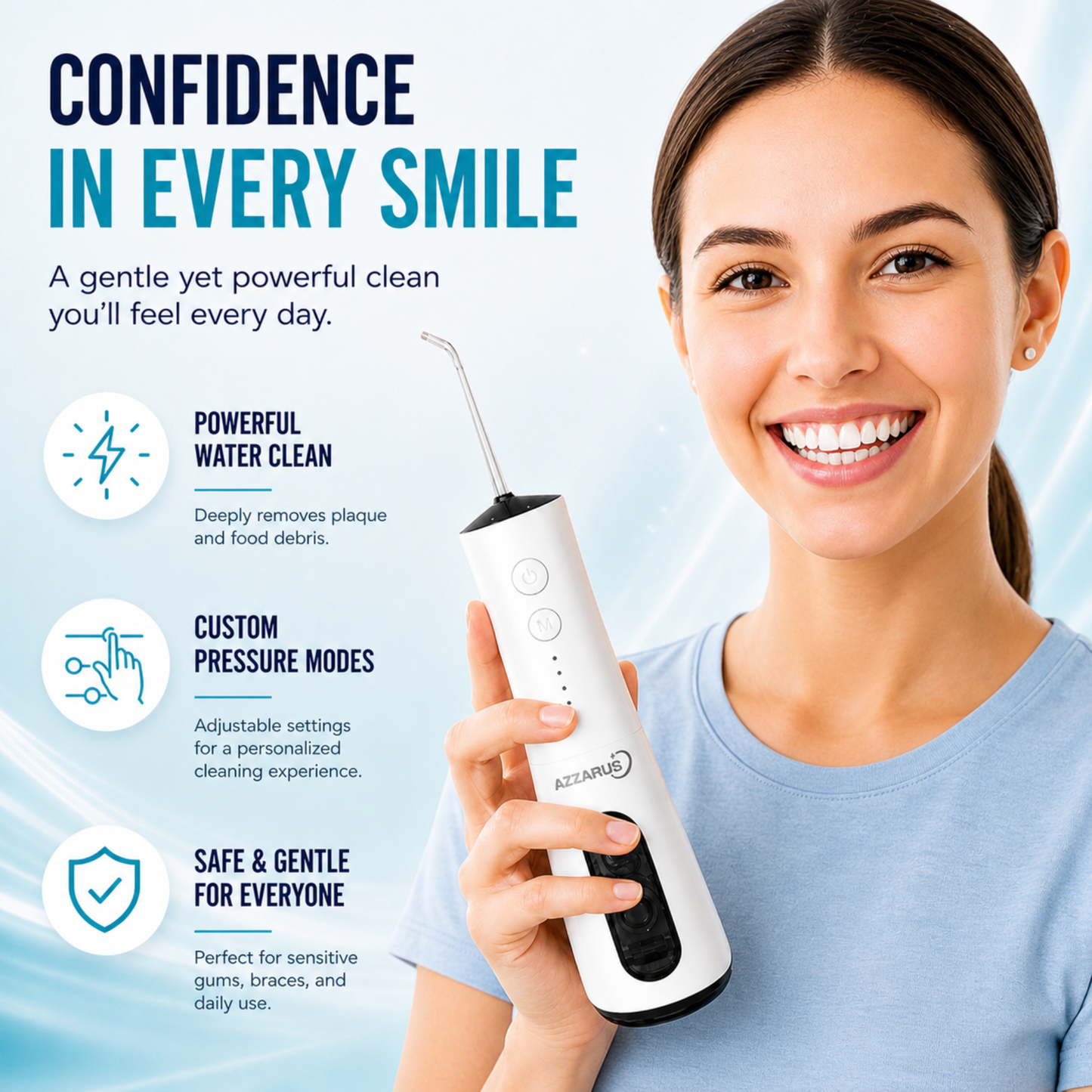 AZZARUS Water Flosser for Braces & Sensitive Gums – Gentle Cordless 300ml