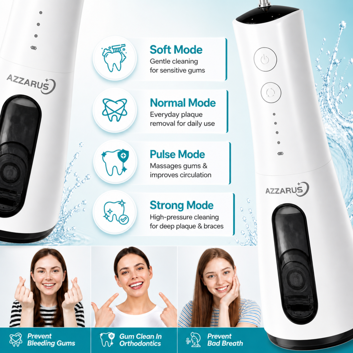 AZZARUS Water Flosser for Braces & Sensitive Gums – Gentle Cordless 300ml
