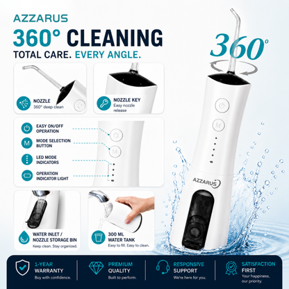 AZZARUS Portable Water Flosser – Cordless Rechargeable Oral Irrigator, 300ml