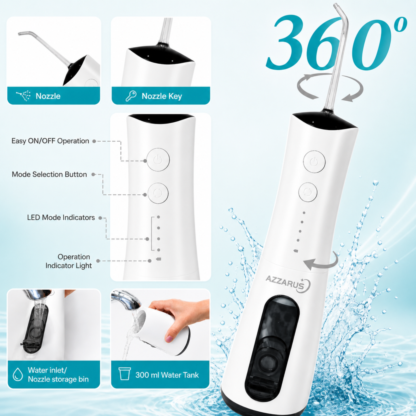 AZZARUS Water Flosser for Braces & Sensitive Gums – Gentle Cordless 300ml