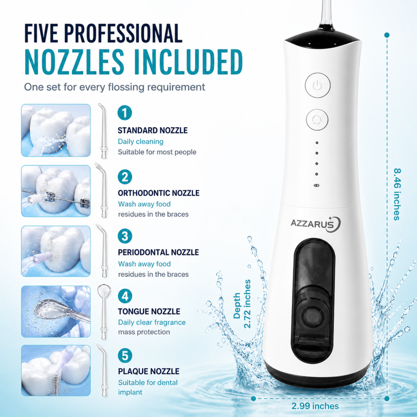 AZZARUS Water Flosser for Braces & Sensitive Gums – Gentle Cordless 300ml