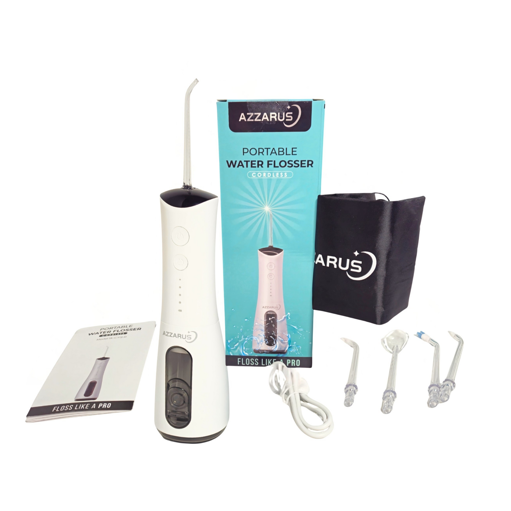 AZZARUS cordless water flosser with travel case and 5 nozzle tips