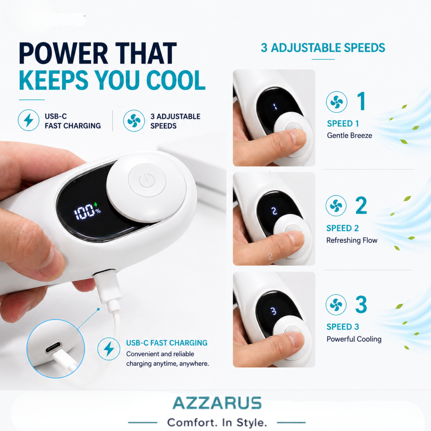 AZZARUS Neck Fan with Digital Display – Rechargeable Bladeless Wearable Fan, 4000mAh Battery, 3 Speeds & USB-C Charging