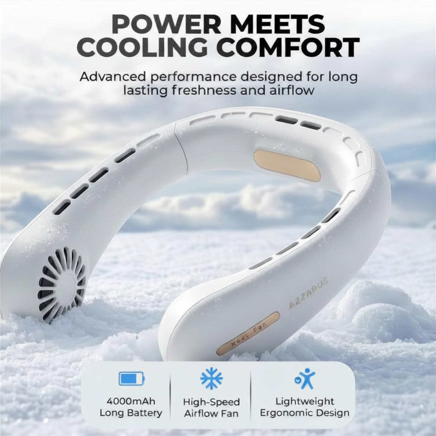 AZZARUS® Bladeless Neck Fan – USB Rechargeable Personal Cooling Fan, 4000mAh Battery, 3 Speeds, 360° Airflow – Available in Blue & White