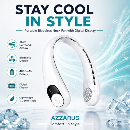 AZZARUS Neck Fan with Digital Display – Rechargeable Bladeless Wearable Fan, 4000mAh Battery, 3 Speeds & USB-C Charging