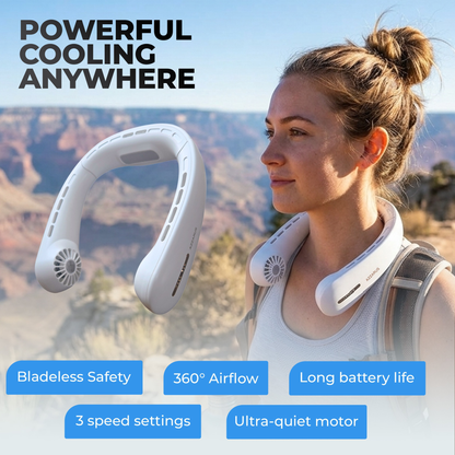 AZZARUS® Bladeless Neck Fan – USB Rechargeable Personal Cooling Fan, 4000mAh Battery, 3 Speeds, 360° Airflow – Available in Blue & White