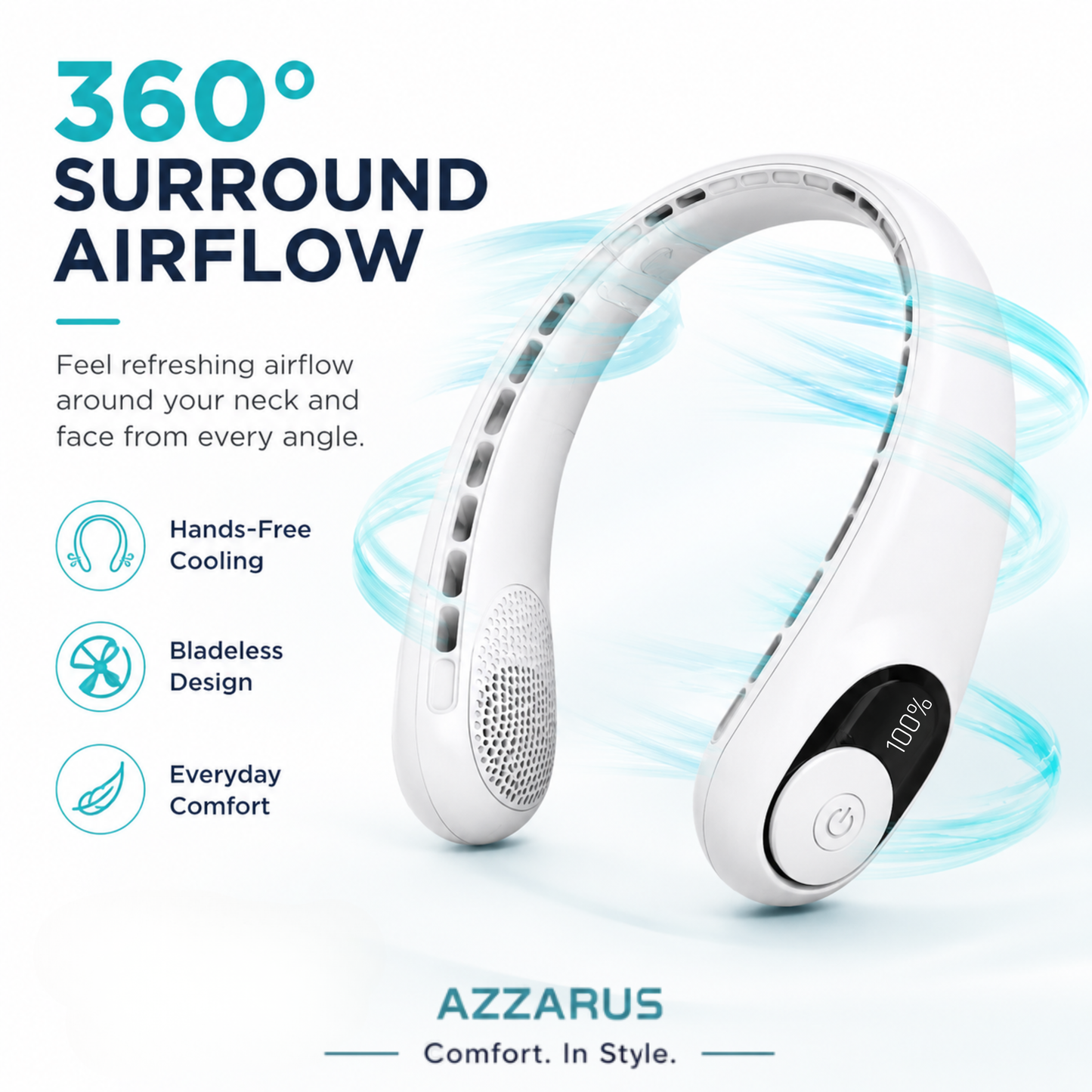 AZZARUS Neck Fan with Digital Display – Rechargeable Bladeless Wearable Fan, 4000mAh Battery, 3 Speeds & USB-C Charging