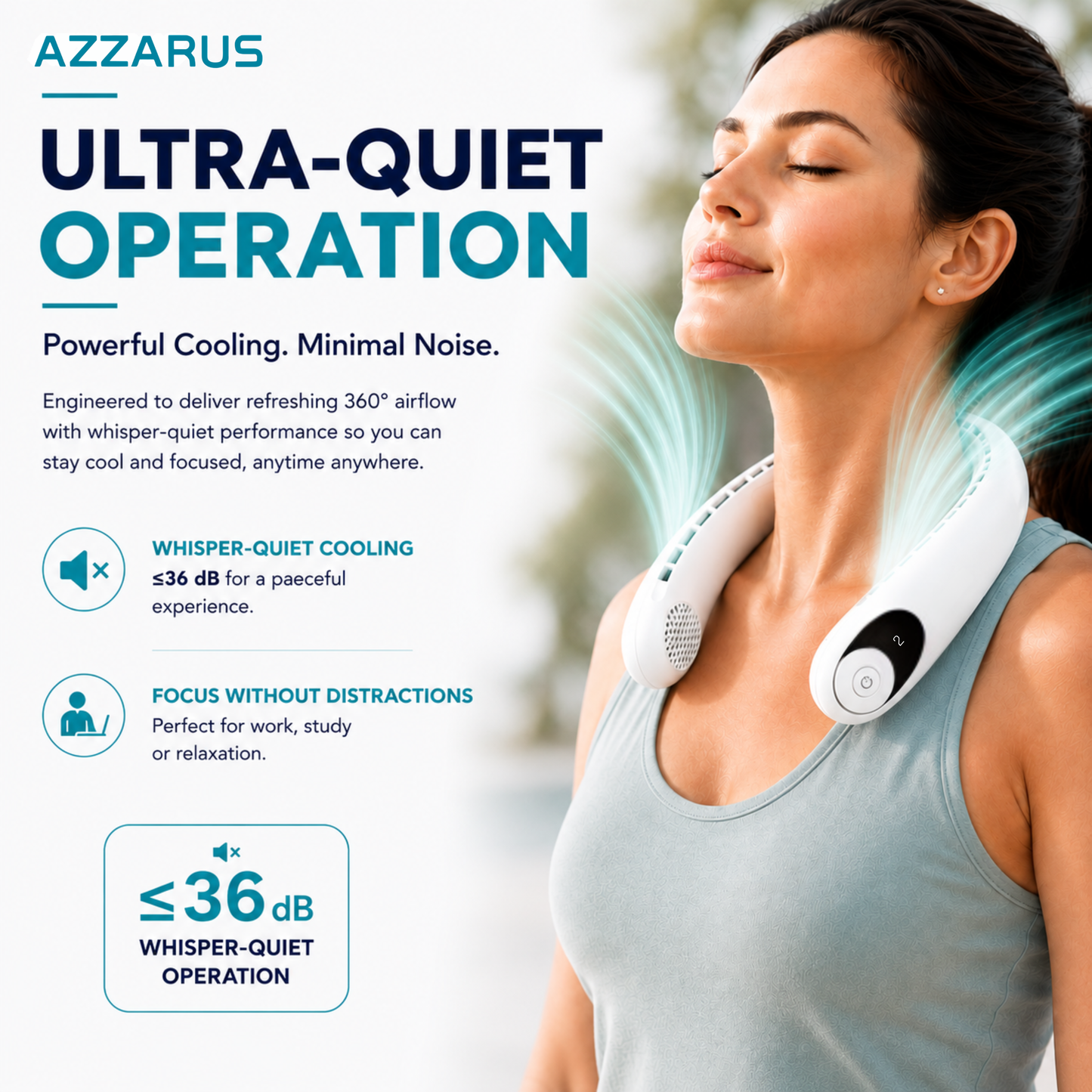 AZZARUS Neck Fan with Digital Display – Rechargeable Bladeless Wearable Fan, 4000mAh Battery, 3 Speeds & USB-C Charging