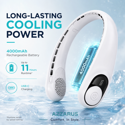 AZZARUS Neck Fan with Digital Display – Rechargeable Bladeless Wearable Fan, 4000mAh Battery, 3 Speeds & USB-C Charging