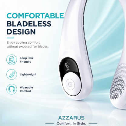 AZZARUS Neck Fan with Digital Display – Rechargeable Bladeless Wearable Fan, 4000mAh Battery, 3 Speeds & USB-C Charging