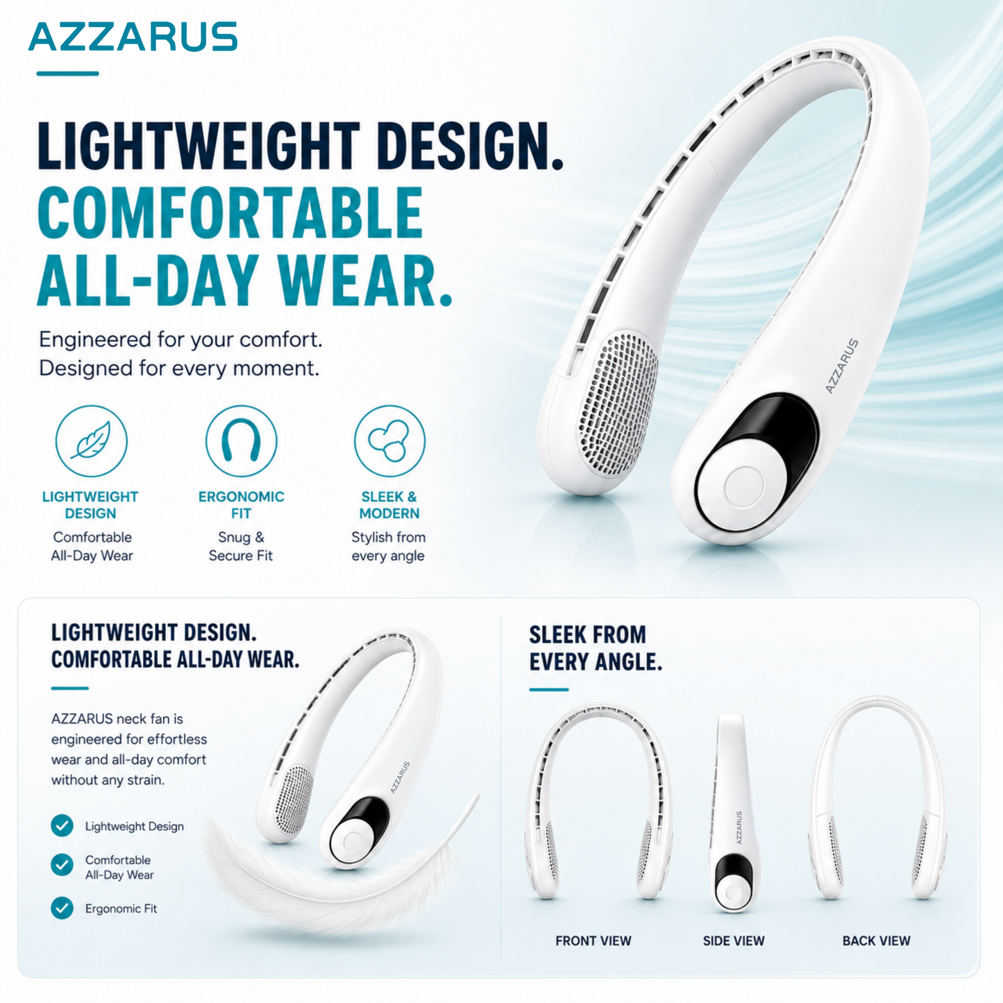 AZZARUS Neck Fan with Digital Display – Rechargeable Bladeless Wearable Fan, 4000mAh Battery, 3 Speeds & USB-C Charging