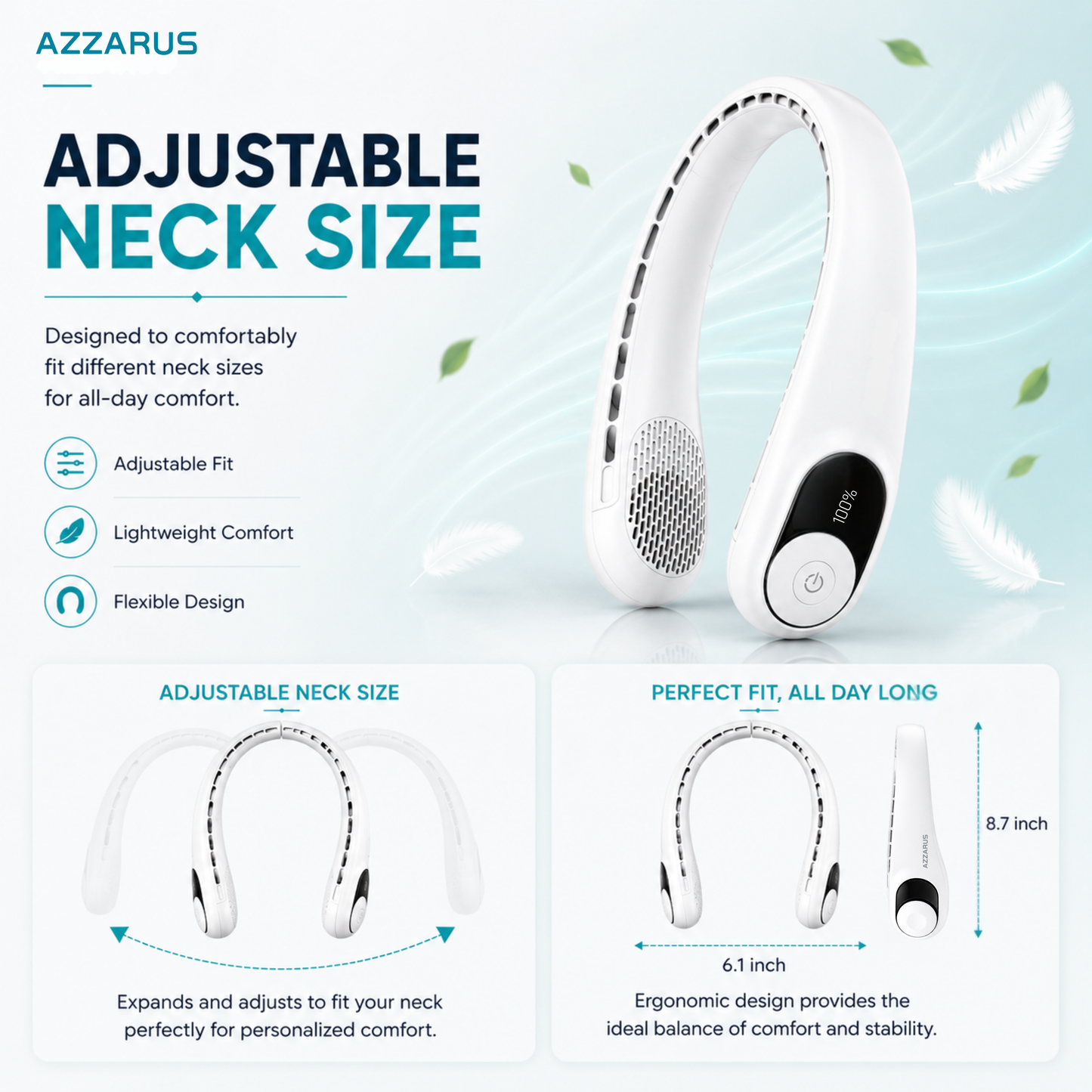 AZZARUS Neck Fan with Digital Display – Rechargeable Bladeless Wearable Fan, 4000mAh Battery, 3 Speeds & USB-C Charging