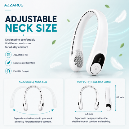 AZZARUS Neck Fan with Digital Display – Rechargeable Bladeless Wearable Fan, 4000mAh Battery, 3 Speeds & USB-C Charging
