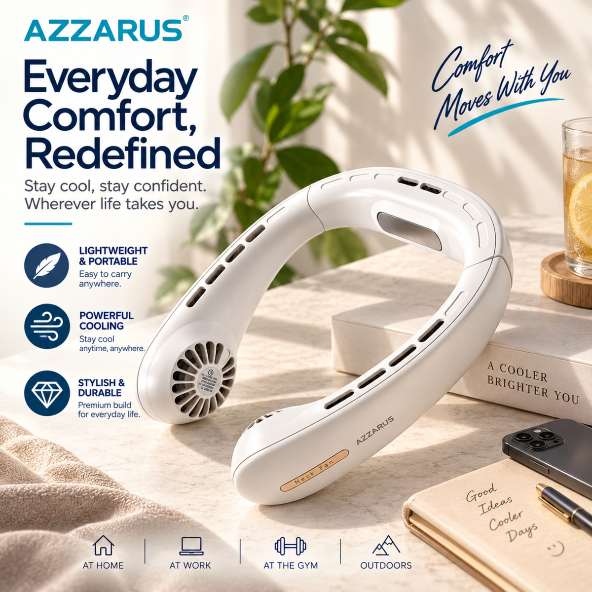 Azzarus neck cooling fan shown in a styled home setting with books, a glass of iced tea, and a notebook. The product is a white U-shaped neck fan with a small built-in fan on the front.