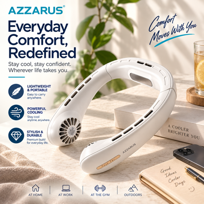 Azzarus neck cooling fan shown in a styled home setting with books, a glass of iced tea, and a notebook. The product is a white U-shaped neck fan with a small built-in fan on the front.
