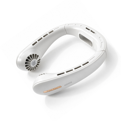 White AZZARUS Classic Neck Fan, bladeless wearable fan, front view