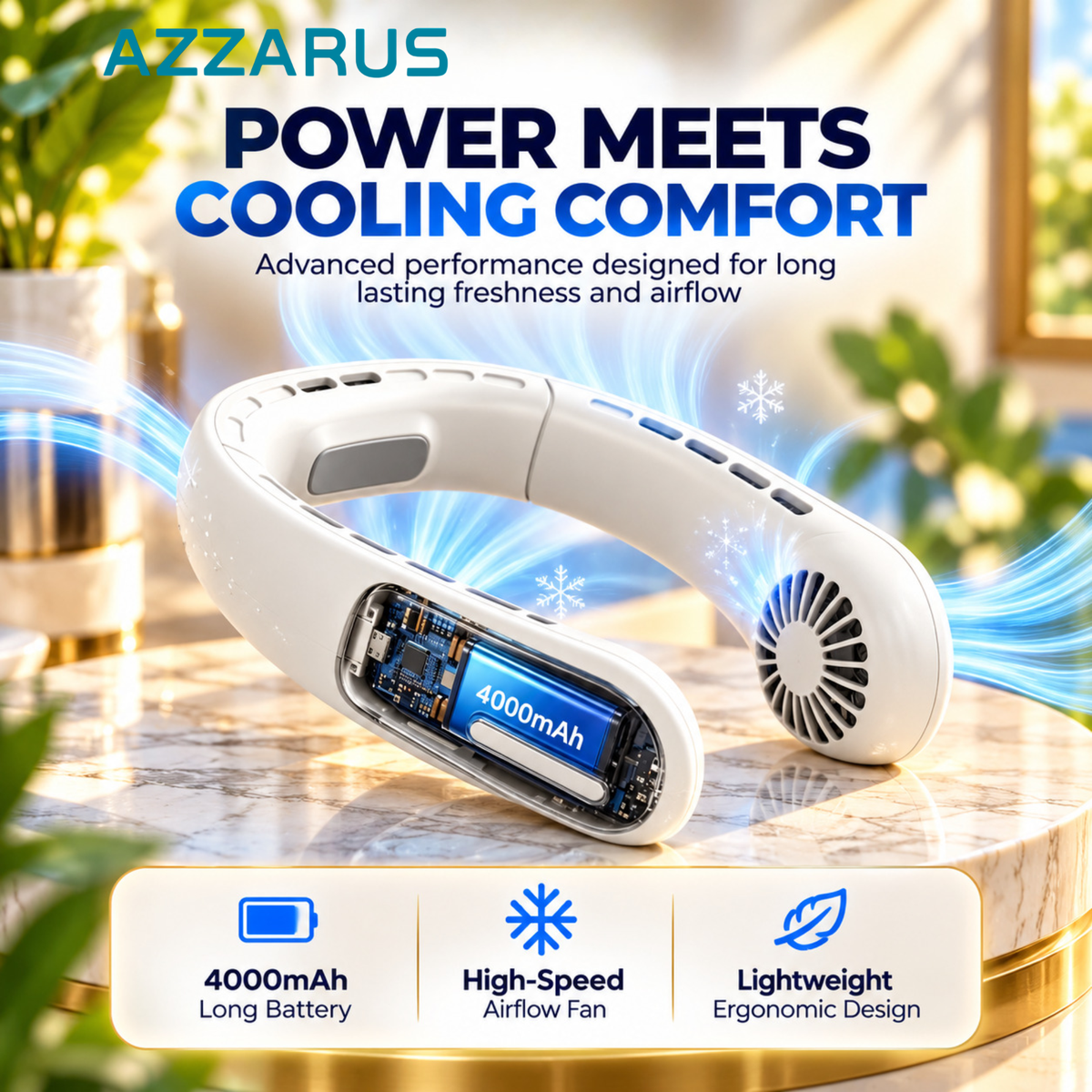 White AZZARUS Classic Neck Fan rechargeable battery details