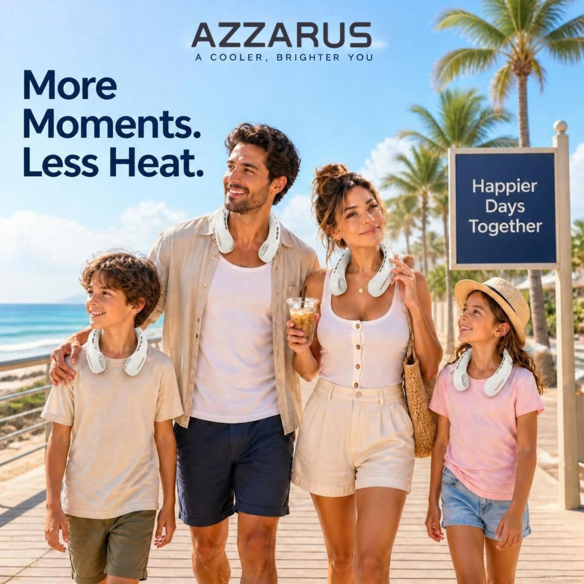 Family traveling with white AZZARUS Classic Neck Fans