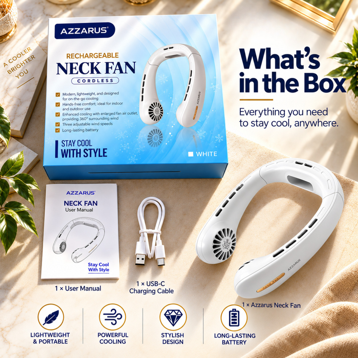 What's in the box – white AZZARUS Classic Neck Fan package contents