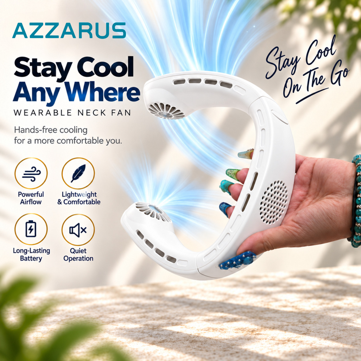 A white Azzarus wearable neck fan being held by a hand outdoors, with blue airflow graphics and promotional text on the image.