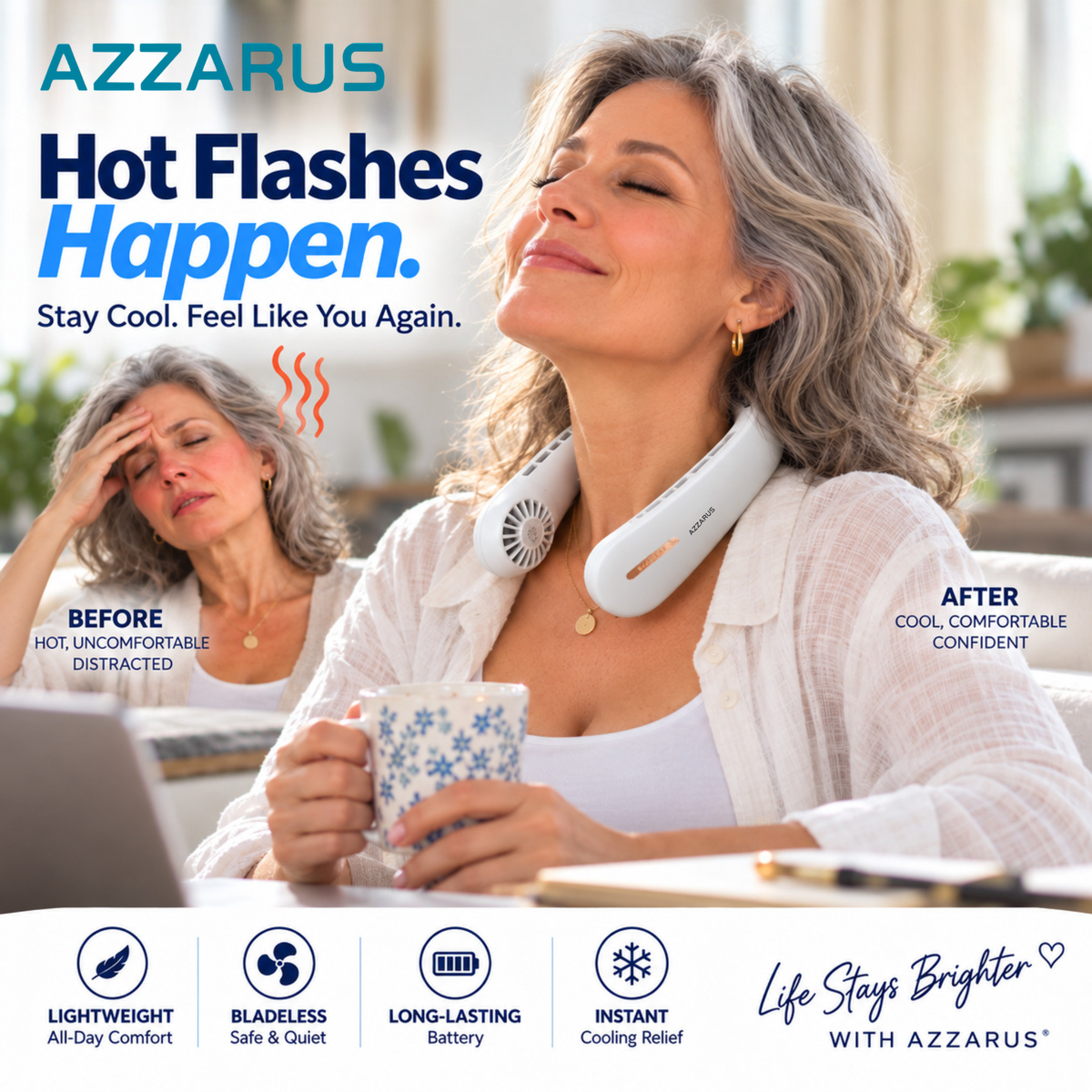 A promotional lifestyle image for the Azzarus Neck Cooler. It shows a woman in a white shirt using the white neck fan, with a before-and-after comparison of another woman looking stressed versus relaxed.