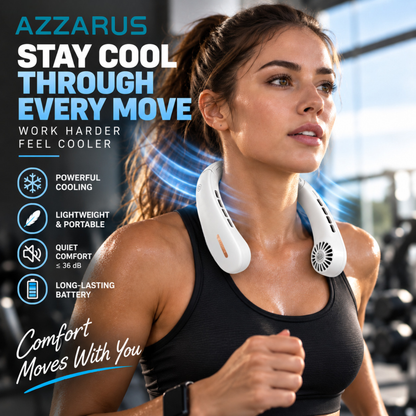 A woman in a black sports bra wearing a white neck cooling fan in a gym setting, with promotional text on the left side.