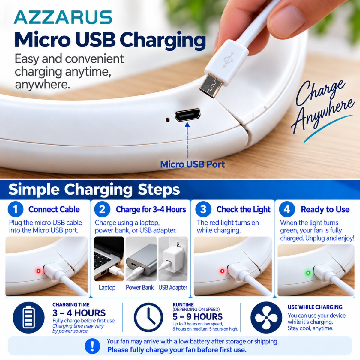 White AZZARUS Classic Neck Fan charging with USB cable